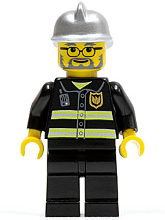 LEGO Minifigure cty0088 fire chief with silver helmet, glasses, beard, black uniform with reflective stripes.