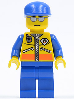 LEGO Minifigure cty0089 Coast Guard Patroller with blue cap, silver glasses, yellow hi-vis vest, blue arms, and blue legs.