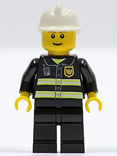 LEGO firefighter minifigure cty0090b in black uniform with reflective stripes, gold emblem, white helmet, yellow head with thin grin.