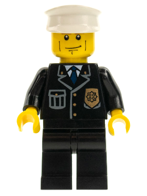 LEGO Minifigure cty0095, police officer in black suit with blue tie and badge, black legs, yellow head, white hat.