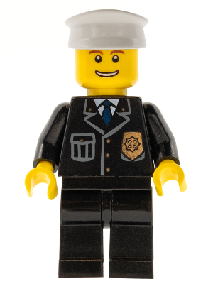 LEGO Minifigure cty0098, a police officer in a black suit, blue tie, gold badge, and white hat, with a thin grin.