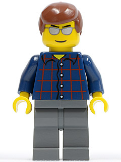 LEGO Minifigure cty0103 with reddish brown hair, silver sunglasses, blue plaid shirt, and dark bluish gray legs.