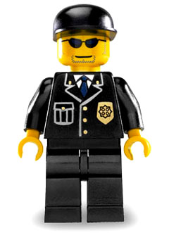 LEGO Minifigure cty0106 with black uniform, blue tie, gold badge, black cap, and sunglasses.
