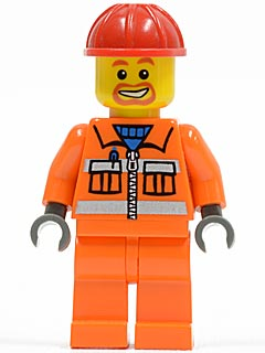 LEGO cty0111 Construction Worker minifigure in orange uniform with zipper and safety stripes, red construction helmet, and beard.