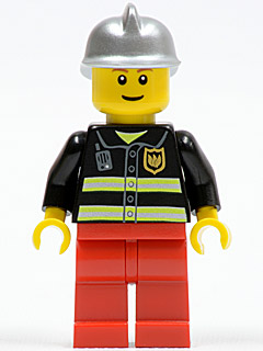 LEGO firefighter minifigure cty0115: silver helmet, yellow head with brown eyebrows and thin grin, black torso with reflective stripes, red legs.