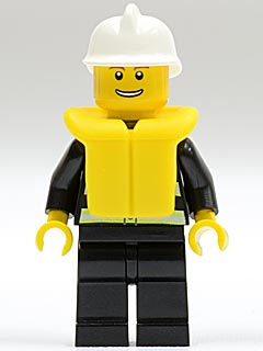 LEGO minifigure cty0116b wearing a white fire helmet, yellow life jacket, black legs, and a yellow head with a thin grin.