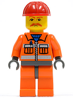 LEGO Minifigure cty0124 Construction Worker with red helmet, angry face, brown moustache, orange suit, zipper, safety stripes.