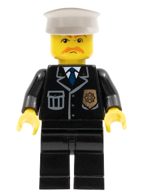 LEGO Minifigure cty0128 wearing a black police suit with blue tie and badge, black legs, brown moustache, and white hat.