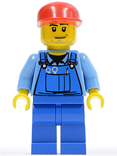 LEGO Minifigure cty0134, a Farm Hand, with a yellow head, beard, blue overalls, light blue shirt, and a red cap.
