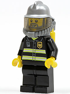 LEGO Minifigure cty0138 Fire with silver helmet, clear visor, gray beard, black suit with reflective stripes, and yellow air tanks.