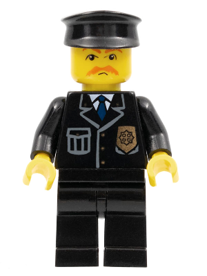 LEGO Minifigure cty0153 with black hat, brown moustache, black suit, blue tie, and gold police badge on torso.