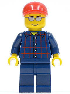 LEGO Minifigure cty0163 with red cap, silver sunglasses, blue plaid shirt, and dark blue legs.