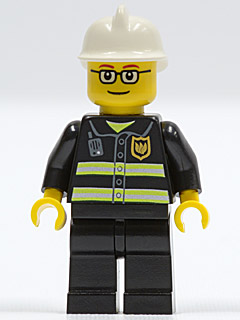 LEGO firefighter minifigure wearing a white helmet, glasses, and a black uniform with reflective stripes and a gold emblem.