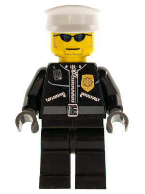 LEGO Minifigure cty0174, Police, wearing a black City leather jacket with a gold badge, a white hat, and dark blue sunglasses.