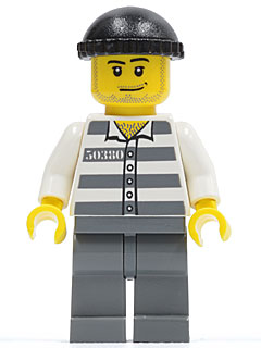 LEGO Minifigure cty0200 - Jail Prisoner 50380 with black knit cap, smirk, stubble, prison stripes torso, and dark bluish gray legs.