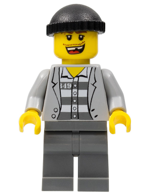 LEGO Minifigure cty0208 with black knit cap, yellow head, missing tooth smile, gray jacket over striped prison shirt with B49, gray legs.