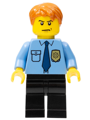 LEGO Minifigure cty0212 with dark orange hair, light blue shirt, dark blue tie, gold police badge, black legs, and stern face.