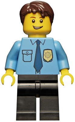 LEGO Minifigure cty0216: police officer with light blue shirt, dark blue tie, gold badge, black legs, dark brown tousled hair.