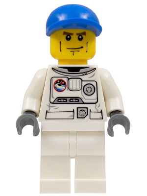 LEGO Minifigure cty0221 in white spacesuit, white legs, blue short bill cap, yellow head with stern face, brown eyebrows.