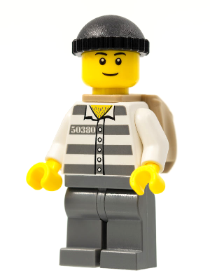 LEGO Minifigure cty0222a - Jail Prisoner 50380 with black knit cap, grin, striped torso, dark bluish gray legs, and tan backpack.