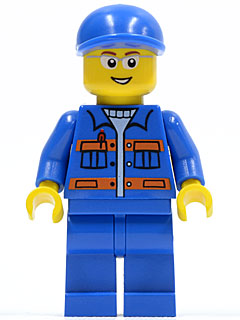 LEGO Minifigure cty0224 in blue uniform with orange stripes and pockets, blue cap, glasses, and open mouth smile.