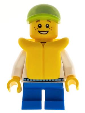 LEGO Minifigure cty0229, boy with freckles, lime cap, yellow life jacket over white hoodie, blue short legs.