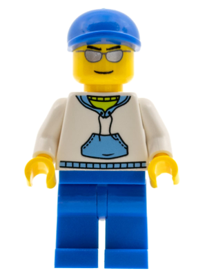 LEGO Minifigure cty0234 with yellow head, blue short bill cap, white hoodie with blue pocket, and blue legs.