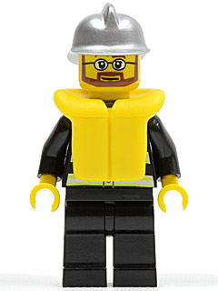 LEGO minifigure cty0251 with silver fire helmet, glasses, beard, yellow life jacket over black uniform with reflective stripes, and black legs.