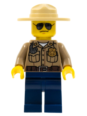 LEGO Minifigure cty0264, Forest Police. Dark tan shirt, pockets, radio, gold badge. Dark blue legs, campaign hat, sunglasses.