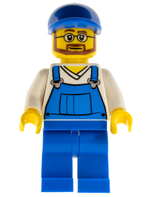 LEGO Minifigure wearing blue overalls over a white V-neck shirt, blue legs, blue short bill cap, beard, and glasses.