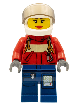 LEGO Minifigure cty0280: female pilot in red suit with carabiner, dark blue legs with map, white helmet, and red lips.