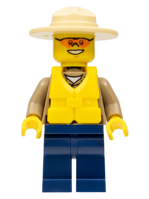 LEGO minifigure cty0284, Forest Police, with campaign hat, orange sunglasses, yellow life jacket, and dark blue legs.
