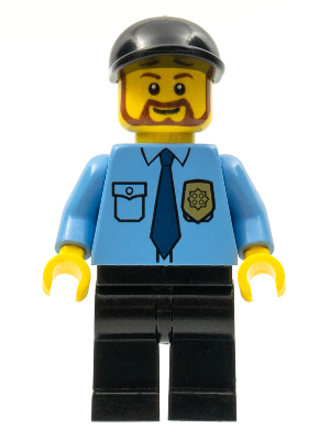 LEGO Minifigure cty0316 police officer: light blue shirt with dark blue tie, gold badge, black legs, black cap, brown beard.
