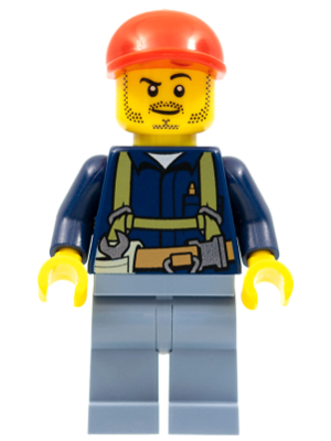 LEGO Minifigure cty0333 Miner with red cap, yellow head with stubble, dark blue shirt with harness and tools, and sand blue legs.