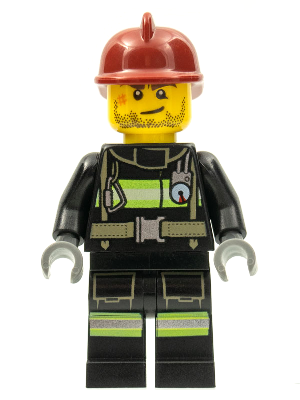 LEGO Fire Minifigure cty0343 with dark red helmet, crooked smile, scar, black suit with reflective stripes & utility belt.