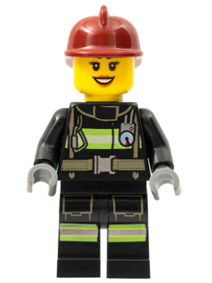 Female LEGO firefighter minifigure in dark red helmet and black uniform with reflective stripes, utility belt, and smiling face.