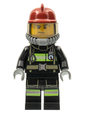 LEGO Minifigure cty0348 Fireman wearing a dark red helmet, reflective striped uniform, utility belt, and angry face with sweat drops.
