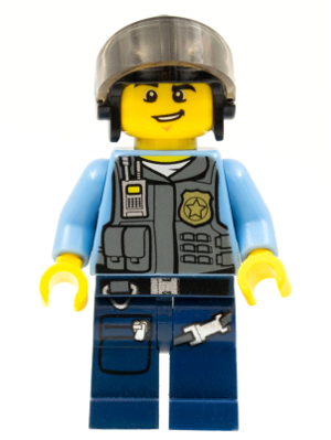 LEGO Minifigure of a police officer wearing a grey tactical vest, star badge, radio, dark blue pants, and a dark grey helmet with visor.