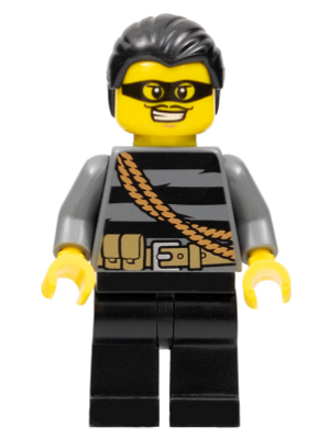LEGO Minifigure cty0363 - Police - City Burglar, Black Hair, Mask. Dressed in striped shirt, black pants, with satchel.