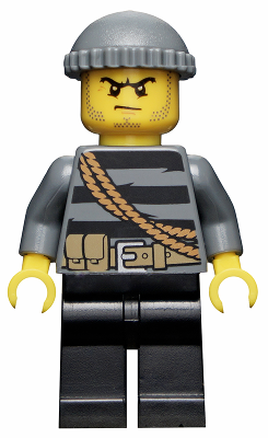 LEGO City Burglar Minifigure cty0364 with gray knit cap, angry face, striped shirt with rope and utility belt, and black legs.