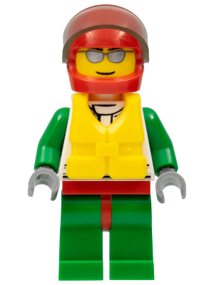 LEGO Minifigure cty0373 with red helmet, brown visor, silver sunglasses, yellow life jacket, green arms, red hips, and green legs.