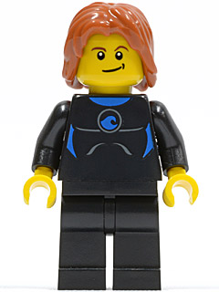LEGO minifigure cty0407, a surfer in a black wetsuit with blue trim, dark orange tousled hair, and a crooked smile.