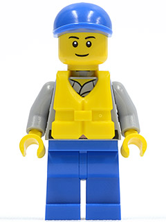 LEGO Minifigure cty0408 Coast Guard Crew Member with blue cap, yellow life vest, grey shirt, and blue pants.