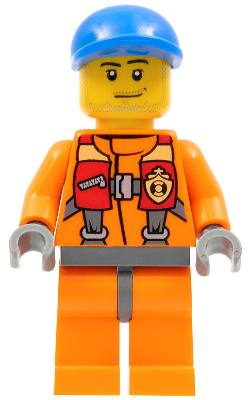 LEGO Minifigure cty0409 - Coast Guard Rescuer in orange suit, blue cap, yellow head with stubble, and life vest print.