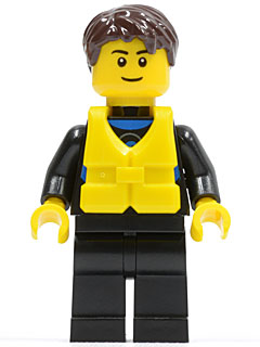 LEGO minifigure cty0413 of a sailor in a black wetsuit with blue accents, yellow life vest, brown hair, and smiling face.