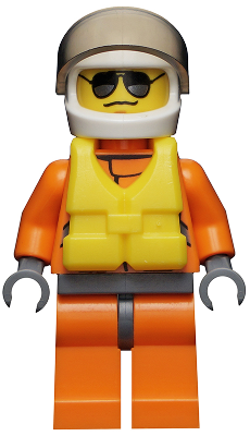 LEGO Minifigure cty0417, a Coast Guard Helicopter Pilot in an orange suit, yellow life jacket, and tan helmet.