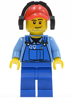 LEGO Minifigure cty0421 Cargo Worker in blue overalls with tools, a red cap, and black headphones.
