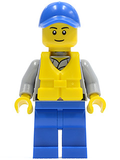 LEGO minifigure (cty0424) Coast Guard Crew Member with blue cap, yellow smiling face, gray arms, yellow vest, and blue pants.