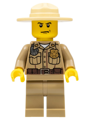 LEGO Minifigure Forest Police with dark tan uniform, campaign hat, gold badge, radio, and angry scowling face.