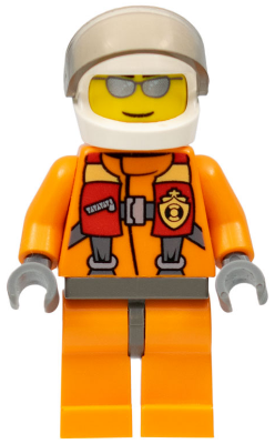 LEGO Coast Guard Pilot Minifigure with orange jumpsuit, tan helmet, white visor, sunglasses, and red life vest.